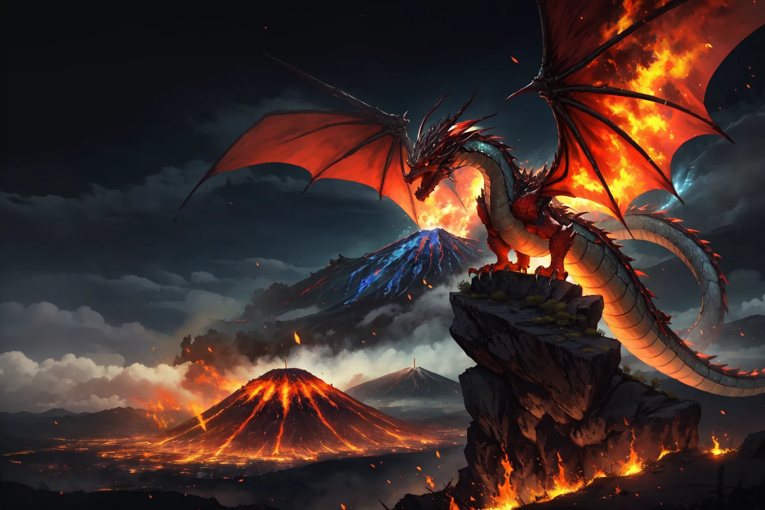 <lora:Dragons:0.5> Western Fantasy Dragon, breathing fire, flames, fire, wind, No humans, red, fantasy city on fire, volcano, black scales, glistening scales, perched on a hilltop,