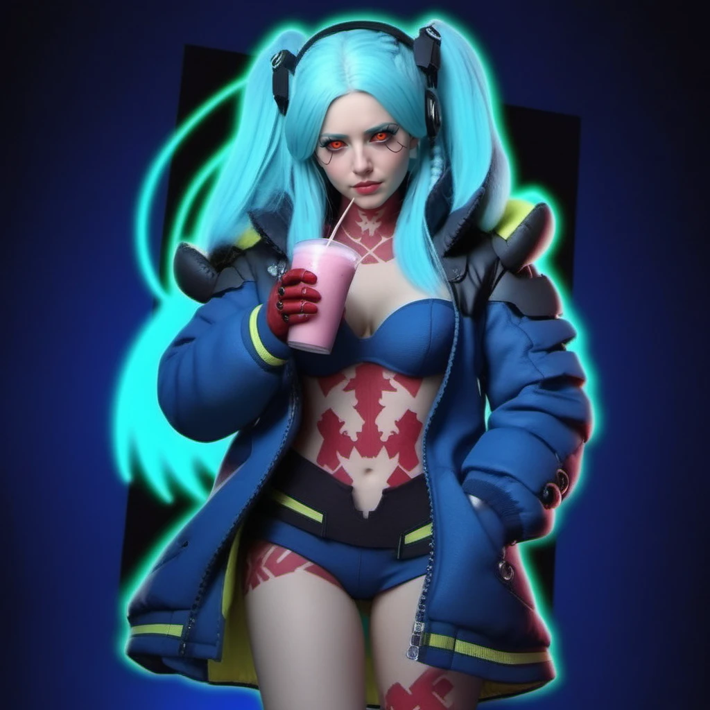 a woman, ligh blue hair, long pigtails, red tatttoos, wears a jacket, headphones, robotic big fists, drink a milkshake, cyberpunk background, highly detailed, photography, ultra sharp, film, bokeh, professional, 64k <lora:Rebecca1024:0.8>