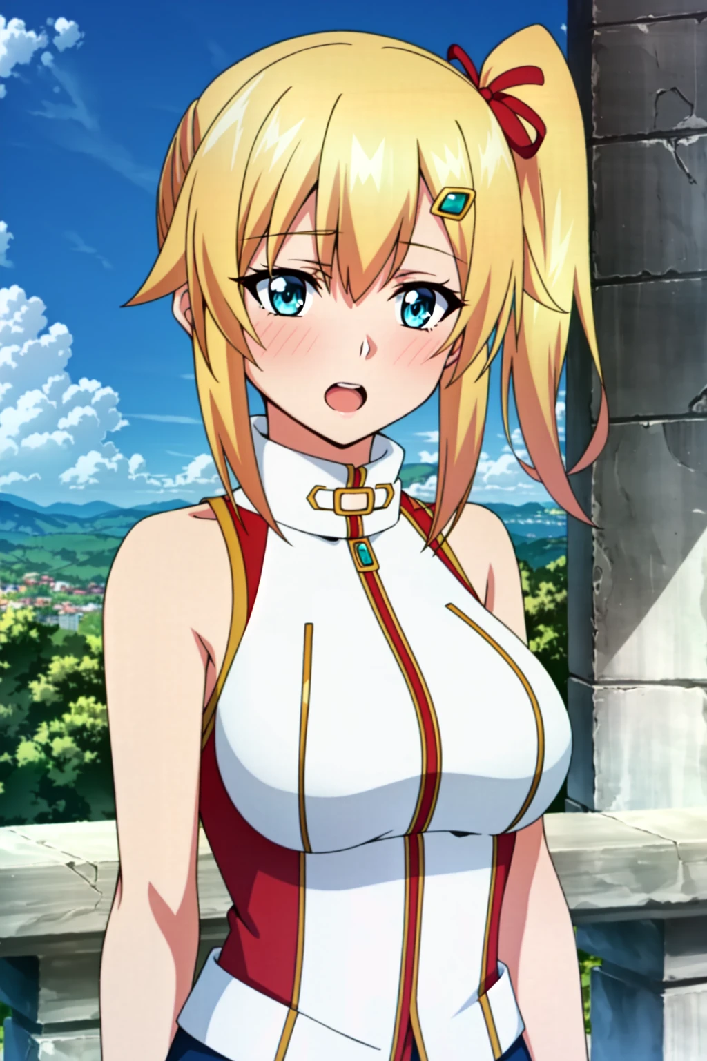 (extremely detailed CG unity 4k wallpaper),(masterpiece),(best quality),(ultra-detailed),(best illustration),(best shadow),(absurdres),(detailed background), <lora:OGT_Emma_Brightness-v1:0.7> Emma Brightness, 1girl, solo, blonde hair, hair ornament, blush, day, open mouth, breasts, blue eyes, sky, side ponytail, looking at viewer, short hair, cloud, outdoors, bare shoulders, ribbon, large breasts, upper body
