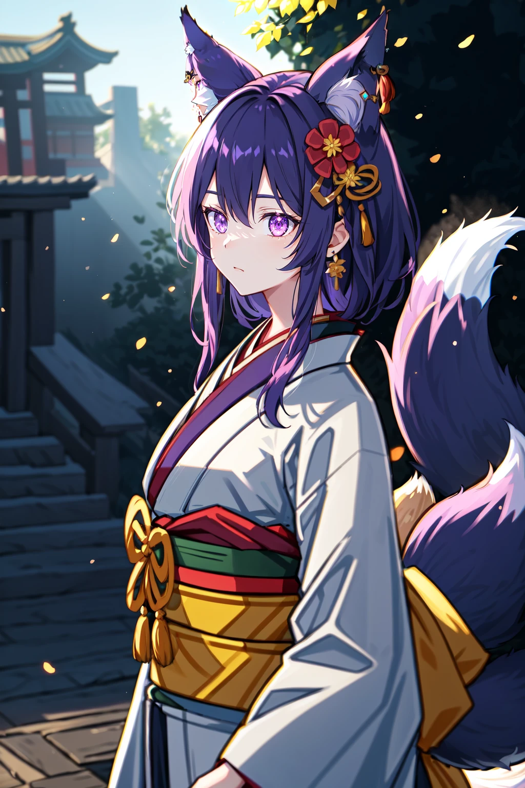 Kitsune_Yokai, 1girl, solo, long hair, purple eyes, purple hair, hair ornament, animal ears, fox ears, braid, jewelry, earrings, fox tail, tail, fox girl, japanese clothes, kimono, single glove, purple kimono, outdoors, glowing, glowing eyes, Oni, Kitsune, outdoors, LUT like A movie, Yokai, magic, glitter, vantage point, dynamic angle, extreme light and shadow, specular reflection, octane render, <lora:YokaiKitsune:0.6> Earth-QualityPos