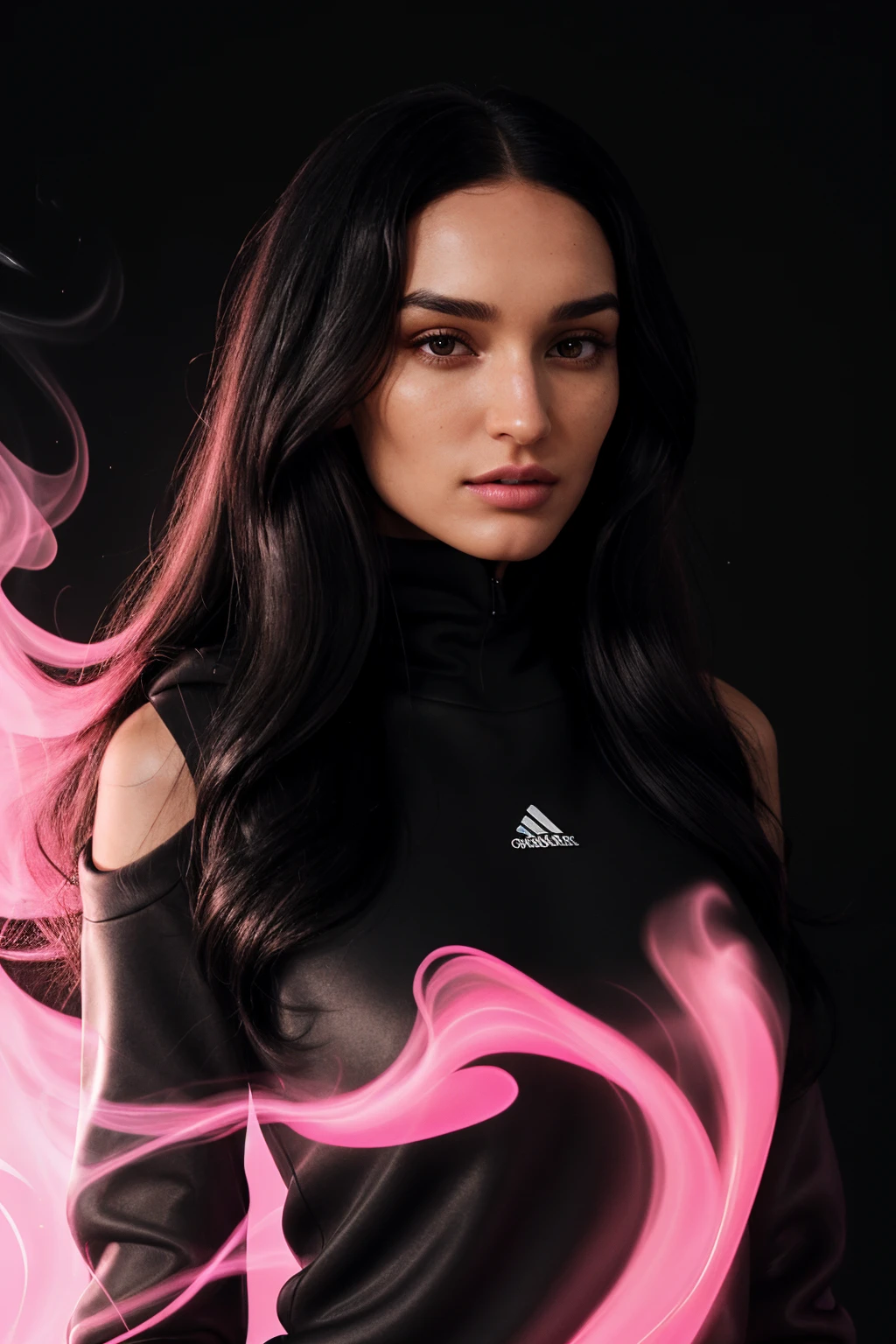 DV_Anushka_Vicious (Long black Hair :1.4) ((Black Theme, Black backdrop:1.4)) (Close-Up Shot, headshot:1.4) wearing (Black sweatshirt :1.4) 35mm, F/2.8 ((Photo Focus, DOF, Aperture, insanely detailed and intricate, character, hypermaximalist, elegant, ornate, beautiful, exotic, revealing, appealing, attractive, amative, hyper realistic, super detailed, heresy flares)) (volumetric pink smoke:1.3) (pink lens flare:1.2)(sharpness:1.3)(details:1.3)
