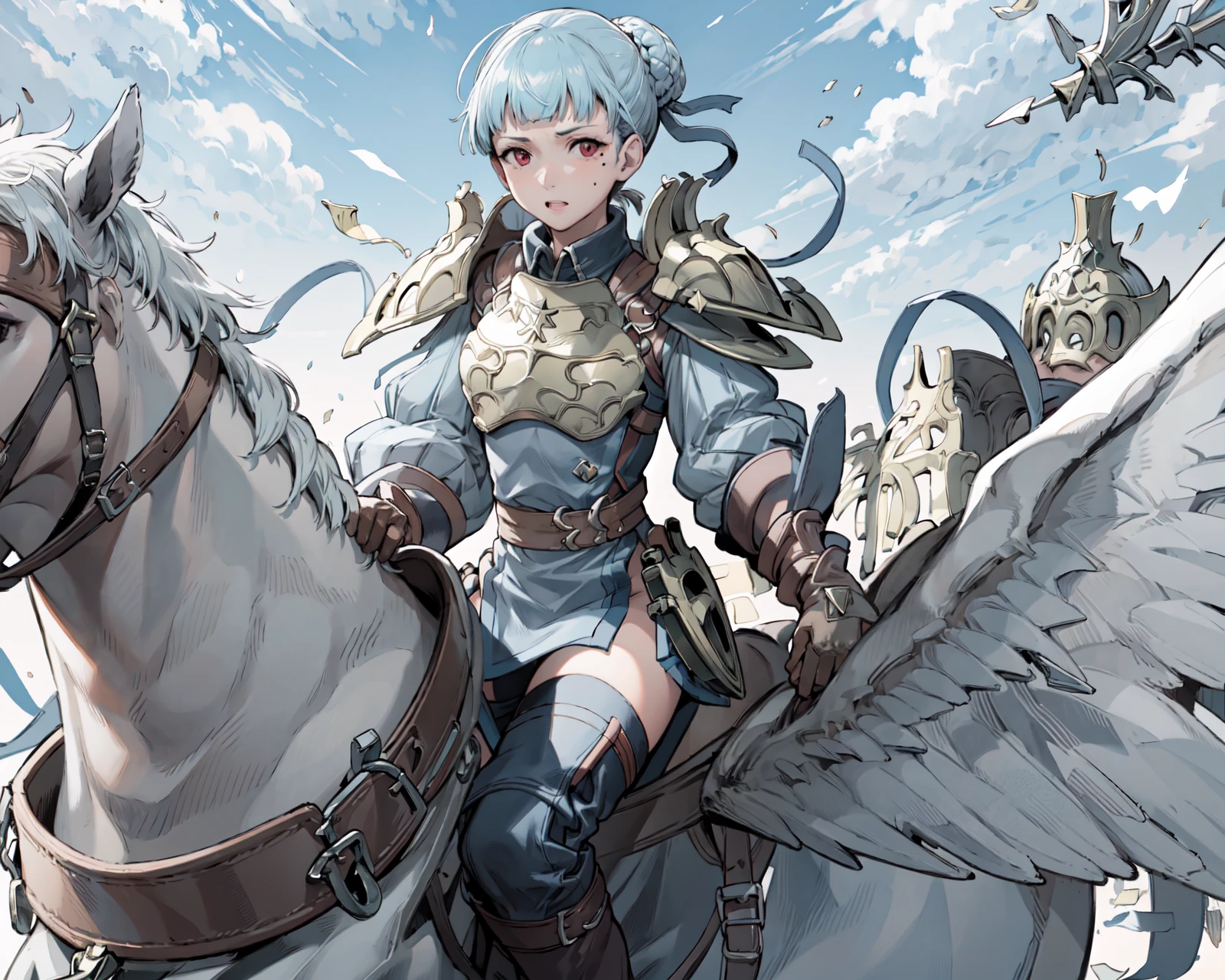 flying,<lora:philaV2:0.85>,phila,blunt bangs,,forehead,armor, shoulder armor, looking at viewer, breastplate, brown footwear, puffy long sleeves, , pelvic curtain, knee boots, brown gloves, pauldrons,fingerless gloves, blue short dress, blue pants, juliet sleeves, thighs, brown belt,zettai ryouiki, blue thighhighs,mole under eye,outdoors<lora:riding_pegasus:0.9>,riding_pegasus, ,sky,(masterpiece, best quality, ultra-detailed, best shadow)