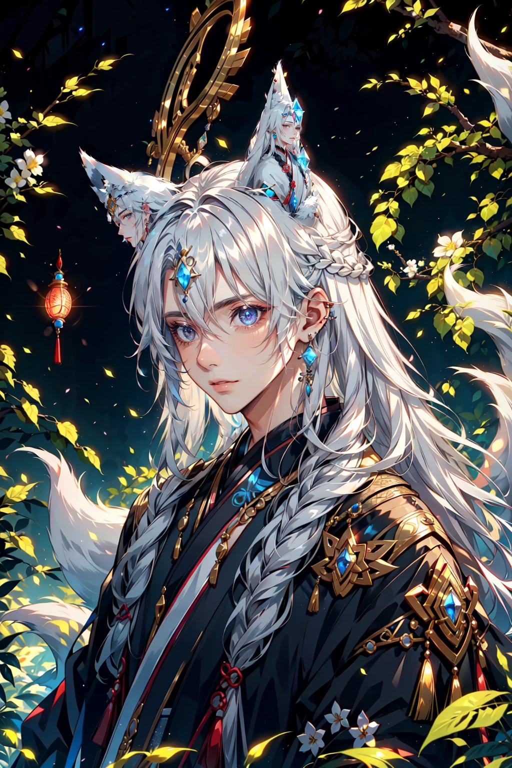 Kitsune_Yokai, Kitsune, solo, long hair, looking at viewer, 1boy, fox ears, animal ear fluff, animal ears, jewelry, closed mouth, upper body, braid, white hair, male focus, fox tail, Kitsune tail, nine tailed fox, earrings, lips, grey eyes, fur trim, black background, gem, circlet, fur, LUT like A movie, Yokai, realistic, <lora:YokaiKitsune:0.8>