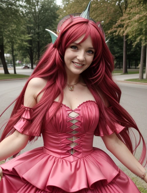 best quality, masterpiece, highres, detailed, realisitc, cosplay, <lora:Tools - add_detail:0.2>, AngeVG, <lora:AngeVG:0.8>, 30 year old woman in a park, red hair, long hair, red eyes head fins, jewelry, pink dress,  blush, smile, upper body,