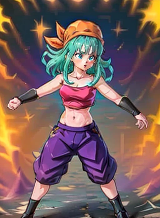 best quality, (masterpiece),(ultra-detailed), (high quality), (high resolution), <lora:caulifla:0.8> caulifla cosplay, grey bracers, pink tube top, purple baggy pants, navel, <lora:bulchi:0.7> bulchi, aqua hair, blue eyes, two-tone hair, black hair, bangs, ponytail
