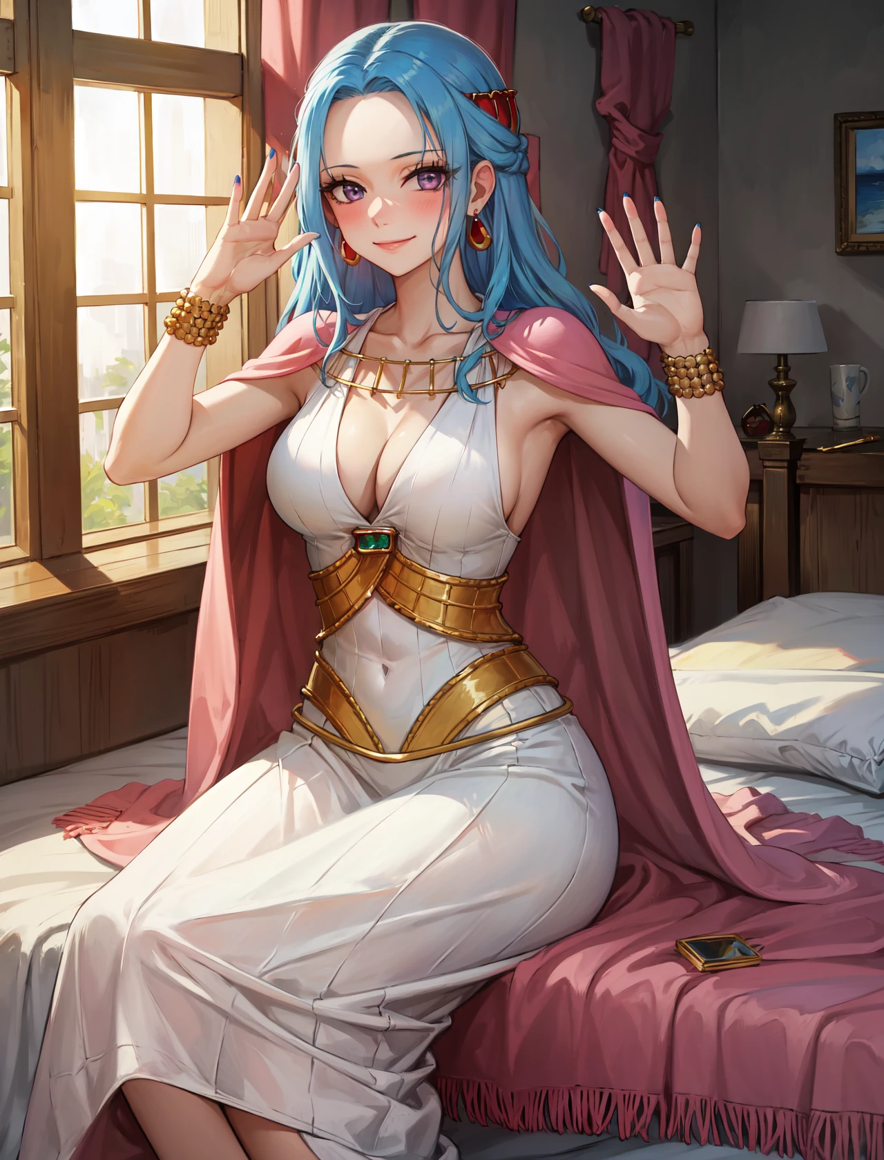 masterpiece, best quality, highres,
NefertariDef, 1girl, solo, long hair, breasts, large breasts, hair ornament, dress, cleavage, jewelry, closed mouth, blue hair, purple eyes, collarbone, earrings, sleeveless, cape, nail polish, white dress, bracelet, eyelashes, sideboob, sleeveless dress,
<lora:LoRA_Nefertari:1>, waving, medieval room, sitting on bed, window, looking at viewer, smile, blush