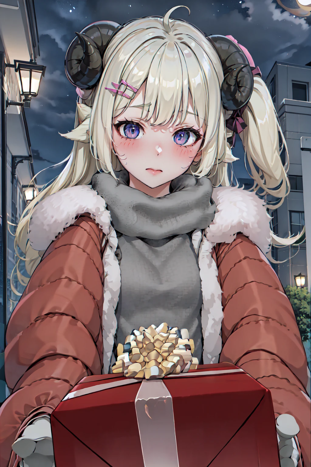 1girl, IncrsGettingAPresent, pov, winter clothes, scarf, <lora:POVGettingAPresent:1>, outdoors, night, shy, blush, TsunomakiWatame, long hair, ahoge, <lora:Char_VTuber_TsunomakiWatame:0.9>, blonde hair,