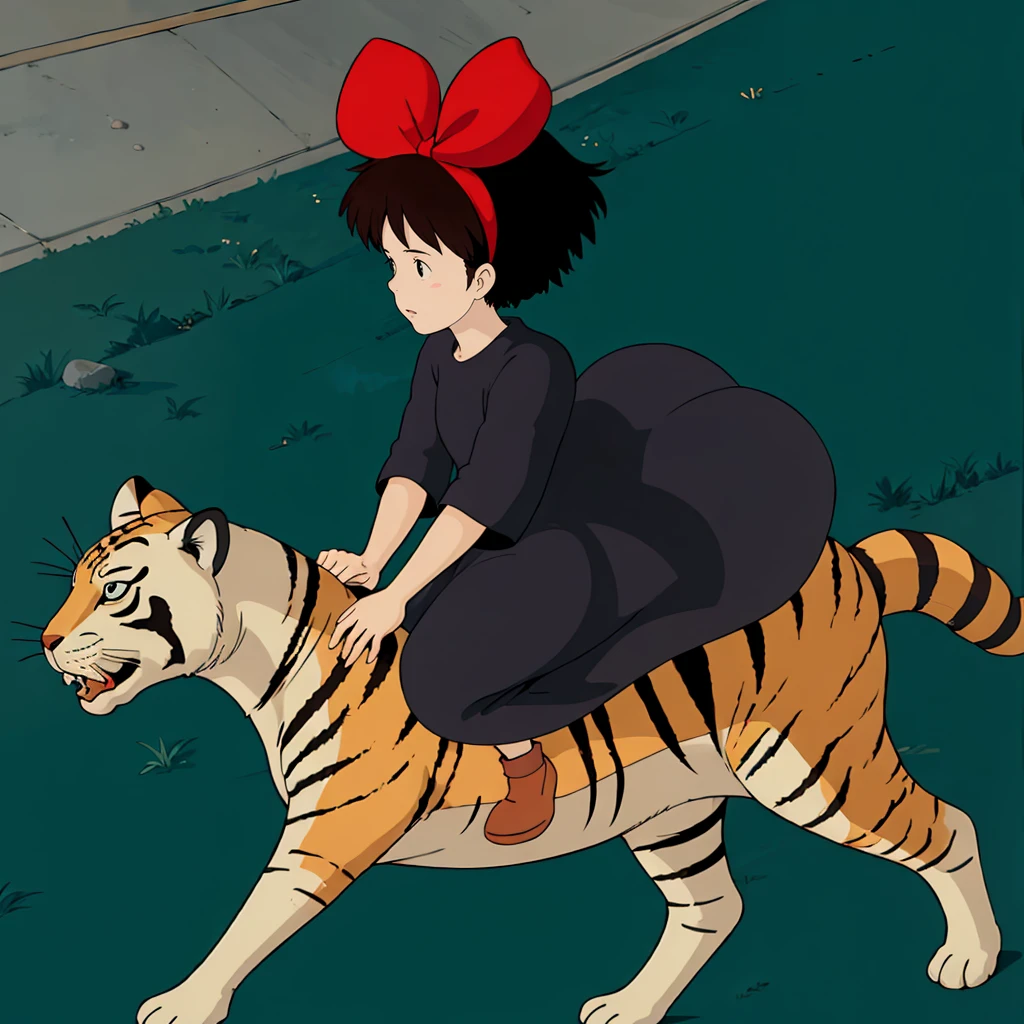 <lora:Kiki003:0.7>,
Kiki,1girl,solo,
short hair,brown hair,black eyes,hair bow,
hair bow,
black dress,
brown footwear,
riding,tiger,