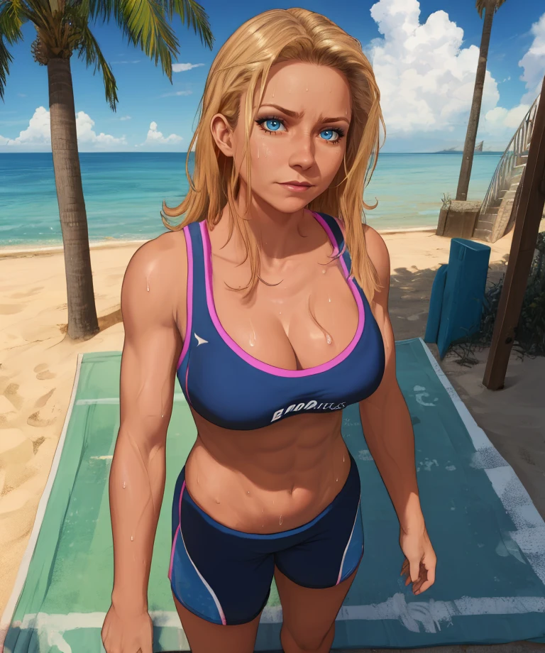 MaryAnn,blonde hair,blue eyes,toned,long hair,
blue sports bra,sports shorts,cleavage,tired,l,
standing,sweat,looking at viewer,from below,
outside,beach,sidewalk,sunny,
(insanely detailed, beautiful detailed face,beautiful detailed eyes, masterpiece, best quality),solo,<lora:Mary-AnnQuinn:0.8>,