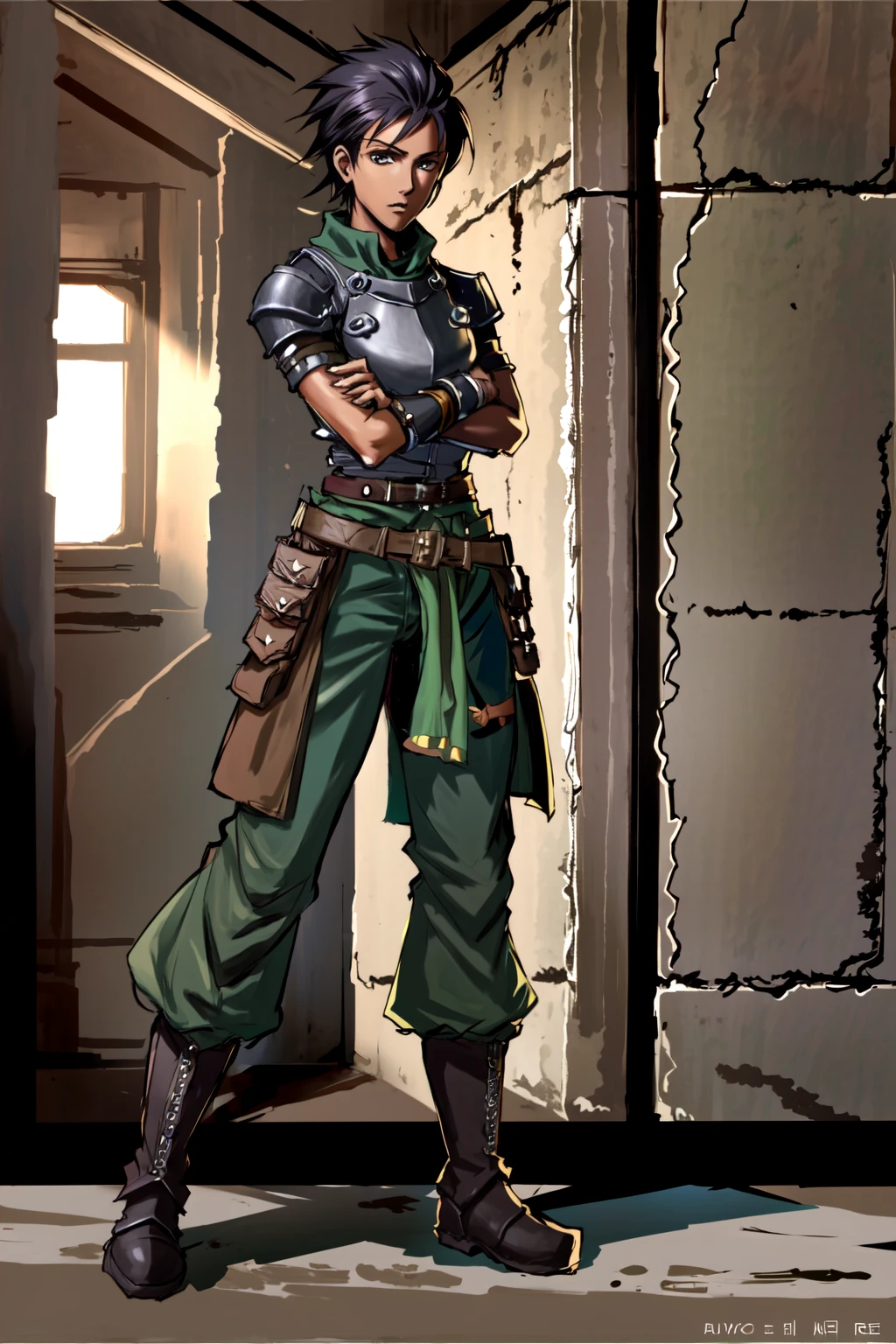 1girl,idiratlass,solo,very short hair,standing,crossed arms,full body,armor,breastplate,green pants,boots,in dark tunnel,indoors,black hair, <lora:IdiraTlass:0.7>, <lora:LORA-XenoDetailer-v2:0.1>, <lora:skin_tone_slider_v1:3.8>