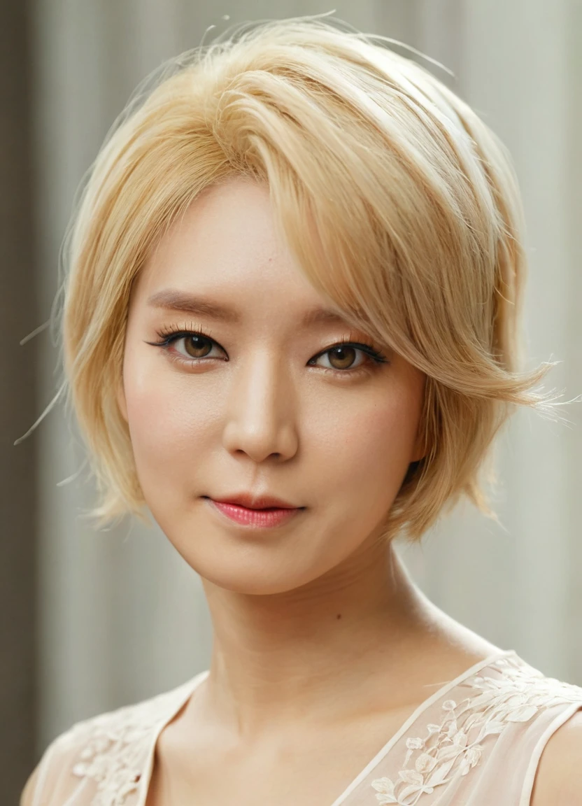 a beautiful picture of ch04xlv2,blonde,short hair, detailed skin texture,masterpiece, face focus, photorealistic, woman, 4k, HDR, backlighting, bloom, light, RAW color photo,(fully in frame:1.1), (blush:0.5), (goosebumps:0.5), wearing a blouse, asian. happy, idol <lora:ch04xlv2:1>
