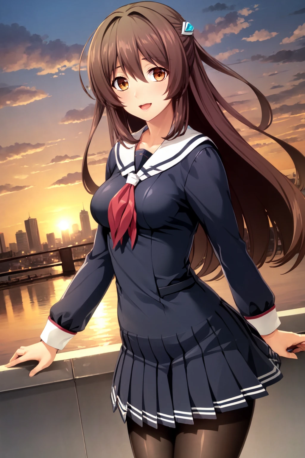 exstias, 1girl, solo, brown hair, brown eyes, hair ornament, school uniform, long sleeves, neckerchief, pleated skirt, pantyhose, open mouth, serafuku, white background, black pantyhose, smile, looking at viewer, cowboy shot, sunset, cityscape <lora:exstiam_V1-10:0.72>
