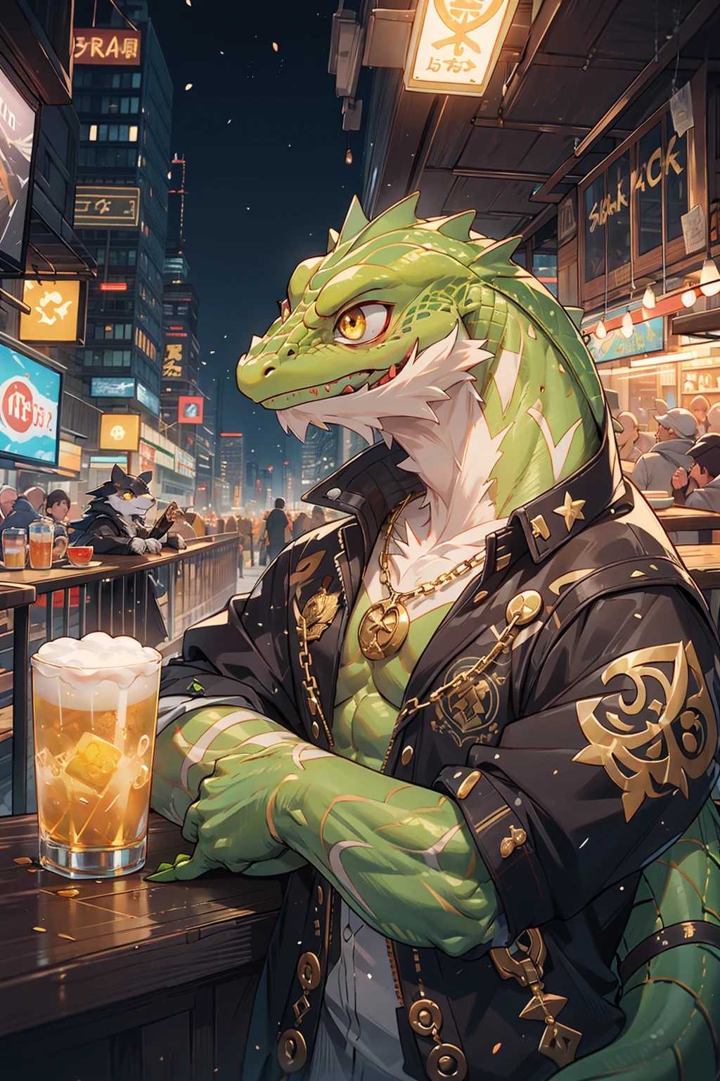 (From above),best hands,best quality, (official art,close-up face:1.15),(ultra detailed 8k art,fantasy),skyscraper,(upper body, focus green lizard man,lizard yellow eyes,anthro:1.2),(gangster,From front,scales),big tattoo on chest BREAK
(muscular:1.2) ,(intricately carved gold spikes), metropolis,night party,Drink a large glass of beer,lean on metal railing,(night bar),gold claw BREAK
scary face,night view,A black jacket opens,golden chain necklace,old scar on half of face,(anthros crowd),neon light,roll up the sleeves