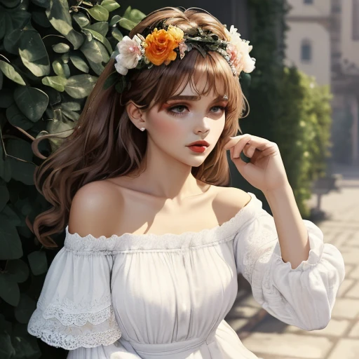 The best beauty.Wear a garland on your head.Off the shoulder dress with lace.,<lora:ä½³äºº-000010:1>,absurdres,