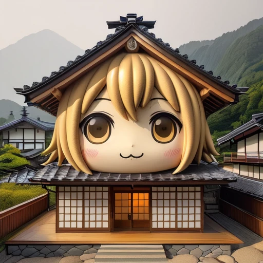 <lora:face_house_v1:0.5>,solo, looking at viewer, outdoors, sky, day, window, parody, building, scenery, lantern, mountain, architecture, house, east asian architecture, MTTK, facehouse, cbfh, blonde hair, chibi