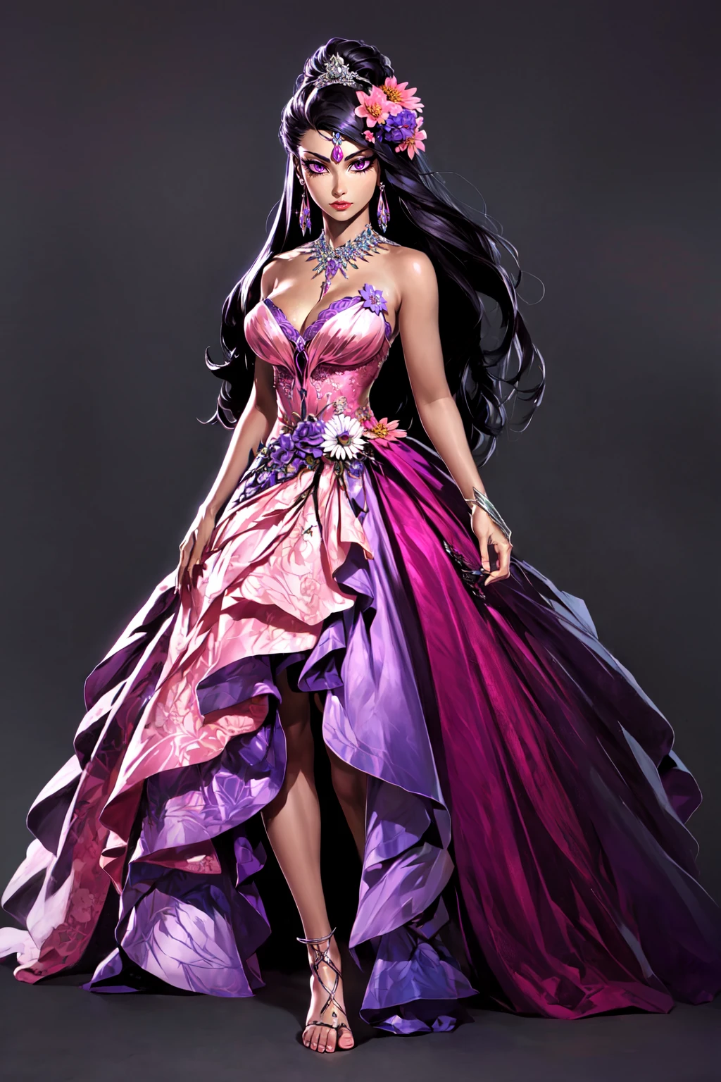 FantasyBookCover Style, 1girl, solo, long hair, looking at viewer, simple background, black hair, dress, holding, cleavage, bare shoulders, jewelry, very long hair, purple eyes, full body, flower, earrings, barefoot, dark skin, dark-skinned female, pink dress, bouquet, four point perspective, masterpiece, official art, <lora:Fantasy_Book_Style:0.6>