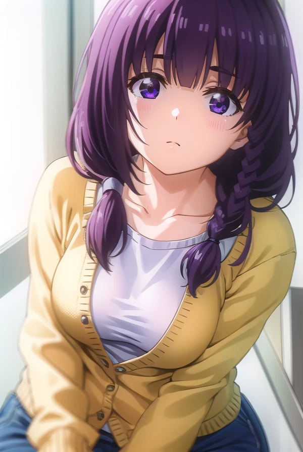mayumatsukaze, <lora:mayu matsukaze s1-lora-nochekaiser:1>,
mayu matsukaze, long hair, bangs, purple hair, (purple eyes:1.1), braid, single braid, hair over shoulder,
BREAK shirt, pink shirt, collarbone, cleavage, cardigan, yellow cardigan,
BREAK indoors, classroom,
BREAK looking at viewer, (cowboy shot:1.5),
BREAK <lyco:GoodHands-beta2:1>, (masterpiece:1.2), best quality, high resolution, unity 8k wallpaper, (illustration:0.8), (beautiful detailed eyes:1.6), extremely detailed face, perfect lighting, extremely detailed CG, (perfect hands, perfect anatomy),