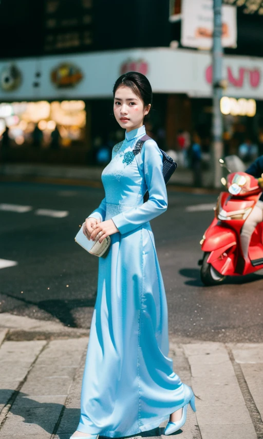 1 girl, standing on the street, ao dai, madam nhu, Saigon, RAW photo, (high detailed skin:1.2), 8k uhd, dslr, soft lighting, high quality, film grain, Fujifilm XT3