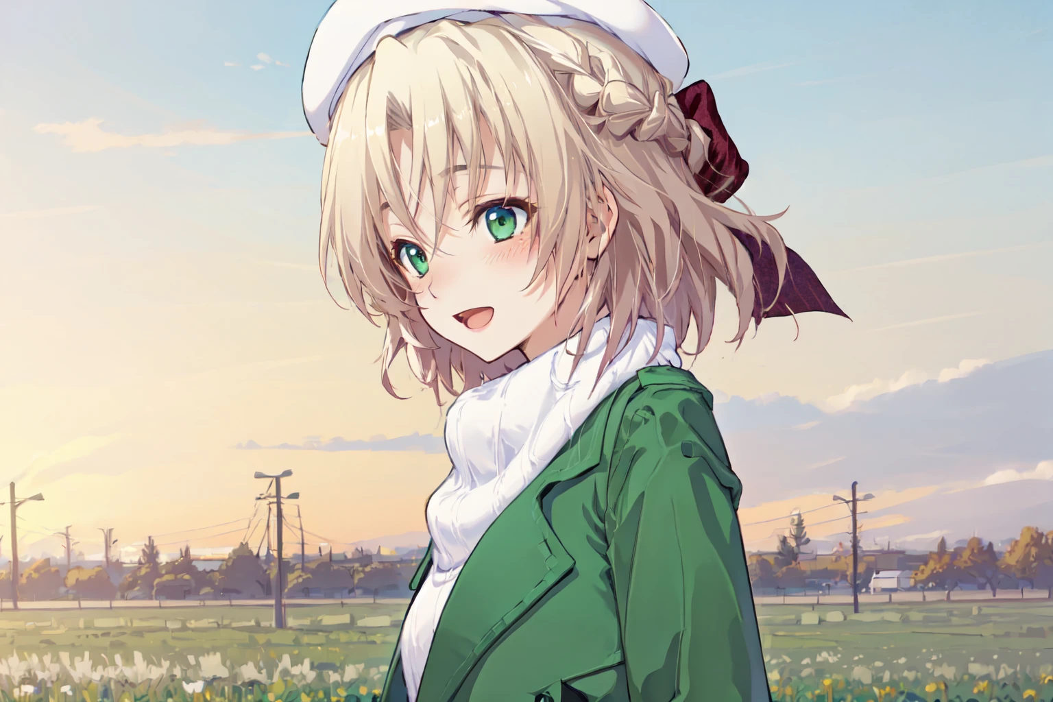 <lora:KagamigawaNoelleV1:0.8>kagamigawa noelle, kagamigawa noelle\(green windbreaker\), kagamigawa noelle\(hair bow\), kagamigawa noelle\(white beret\), 1girl, solo, blush, upper body, open mouth, smil,masterpiece, best quality,field, from side