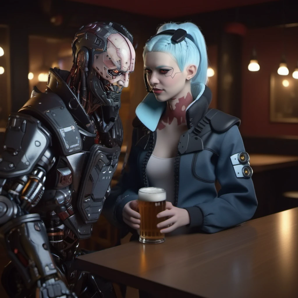 a robot and a woman , having a beer in a pub, highly detailed, photography, ultra sharp, film, bokeh, professional, 64k <lora:AdamSmasher1024:0.8>