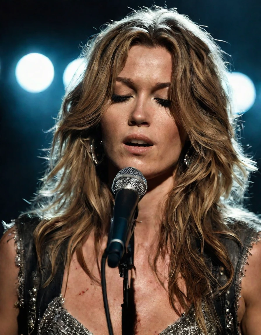 upperbody portrait photograph of a female country singer performing on stage, crowd, spot lights, acne and blemishes on face, imperfect, long hair, ultra detailed skin, ultra detail face, detailed body, hd, photo by ingrid baars