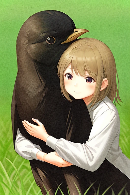 eurasian blackbird, grass, <lora:eurasian blackbird-000010:0.5>, the girl hugged the eurasian blackbird,