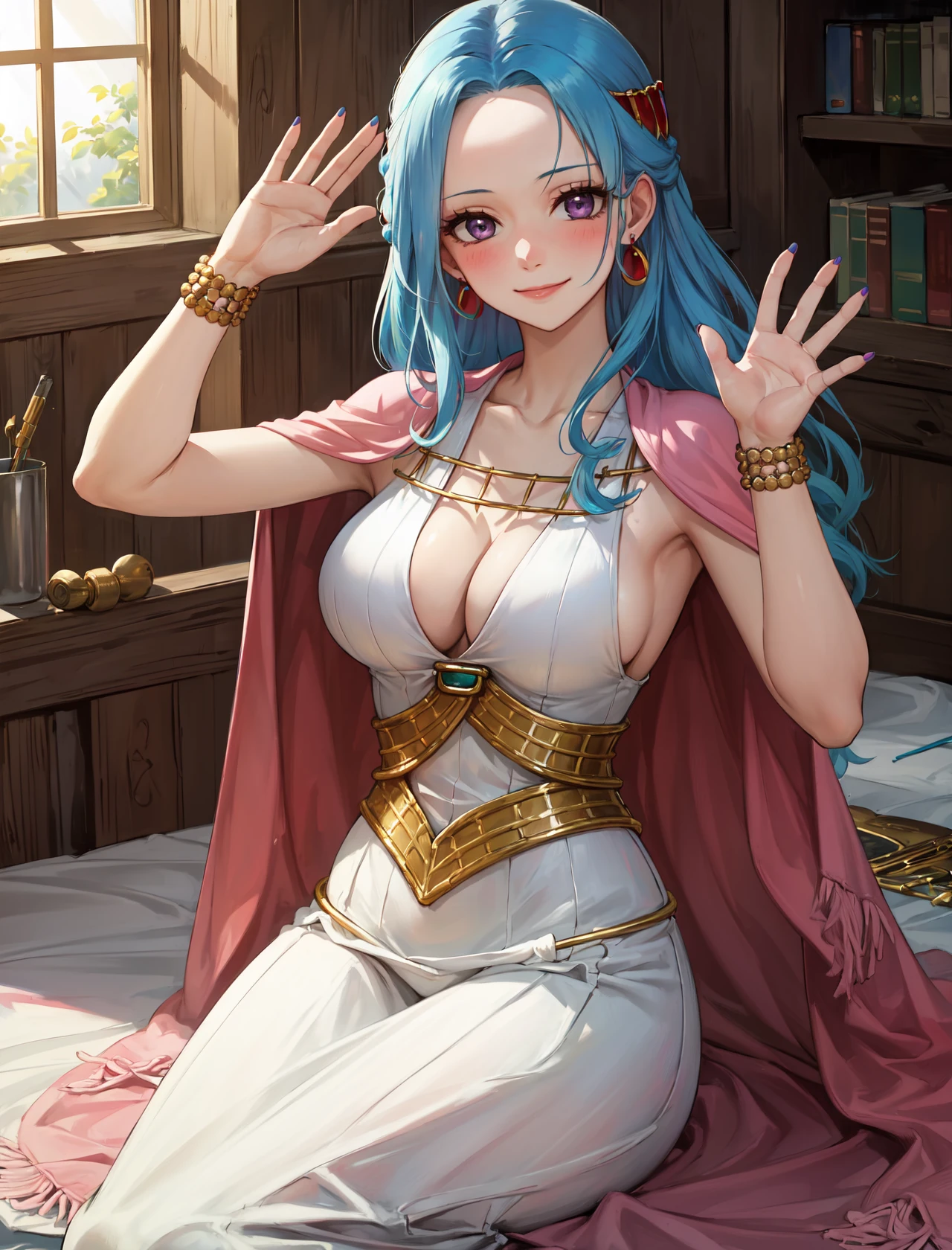 masterpiece, best quality, highres,
NefertariDef, 1girl, solo, long hair, breasts, large breasts, hair ornament, dress, cleavage, jewelry, closed mouth, blue hair, purple eyes, collarbone, earrings, sleeveless, cape, nail polish, white dress, bracelet, eyelashes, sideboob, sleeveless dress,
<lora:LoRA_Nefertari:1>, waving, medieval room, sitting on bed, window, looking at viewer, smile, blush