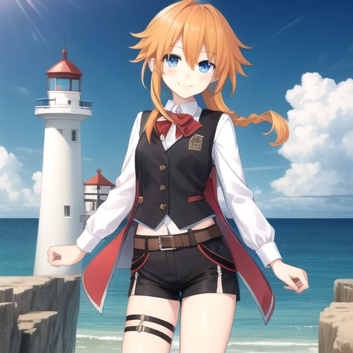 ((masterpiece)),(best quality),official art,extremely detailed CG,unity 8k wallpaper,ultra detailed,A lighthouse on a cliff by the sea,1girl,solo,cowboy shot,looking at viewer,yamai kaguya,orange hair,smile,blue eyes,braid,sidelocks,very long hair,hair between eyes,hair ornament,eyebrows visible through hair,braid drill,black shorts,white shirt,Long sleeve shirt,drill hair,harness waistcoat,black waistcoat,cuffs,red bow,black shorts,red belt,white socks,loafers,<lora:Yamai Kaguya(dal)>,<lora:TSNeptunia-000045:0.5>,