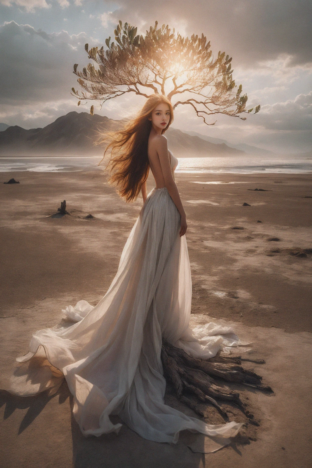 1girl,<lora:æ¯æ1:0.8>,This picture depicts a surrealistic image of a woman blending with natural elements. A woman stands in the water,her back and hair gradually turning into branches and twigs of a tree,<lora:天涯海è§:0.5>,