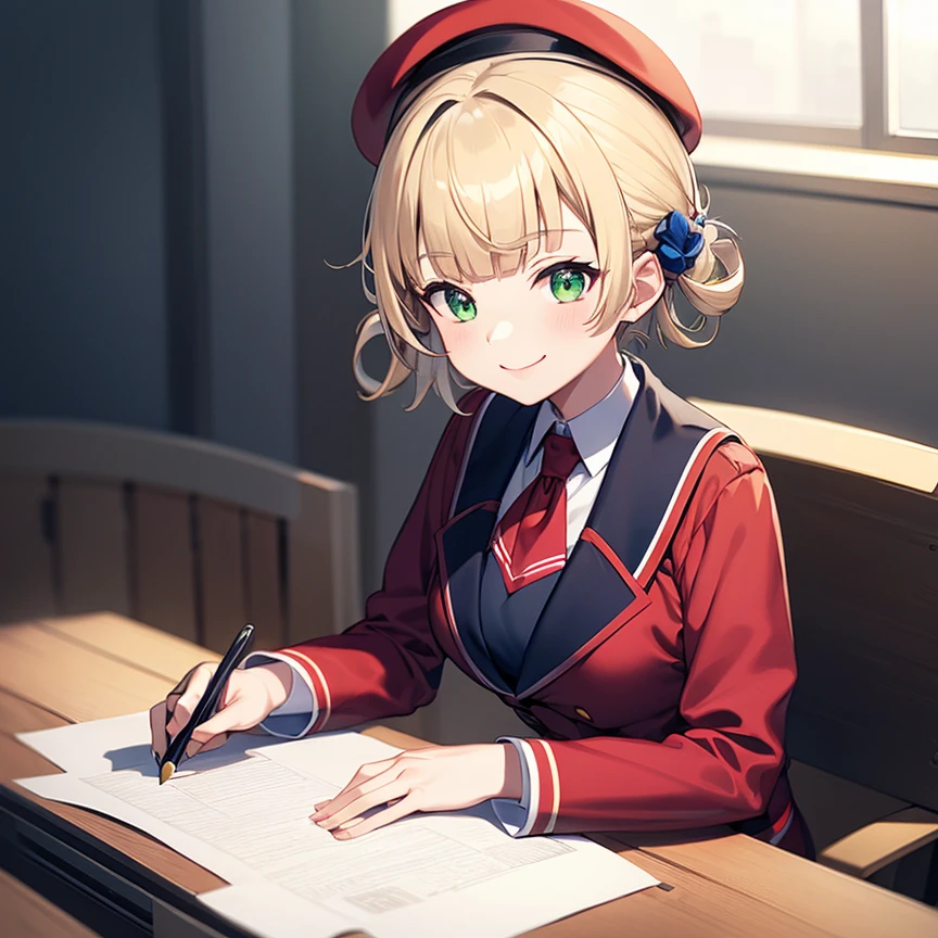 (shigure ui \(vtuber\):1.2), blonde hair, short hair, bangs, (hair rings), red beret, swept bangs, green eyes, breasts, athletic body, slender, 1girl, solo, solo focus, smile, sitting, at desk, drawing tablet, official outfit