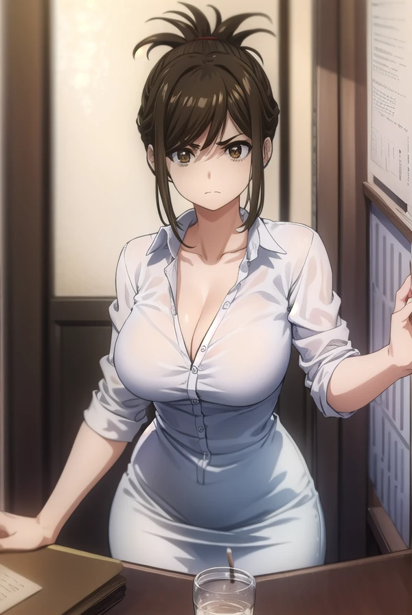 kanakojima, <lora:kana kojima s1-lora-nochekaiser:1>,
kana kojima, brown hair, (brown eyes:1.5), folded ponytail, angry, frown,
BREAK shirt, cleavage, white shirt, skirt, pencil skirt,
BREAK indoors, classroom,
BREAK looking at viewer, (cowboy shot:1.5),
BREAK <lyco:GoodHands-beta2:1>, (masterpiece:1.2), best quality, high resolution, unity 8k wallpaper, (illustration:0.8), (beautiful detailed eyes:1.6), extremely detailed face, perfect lighting, extremely detailed CG, (perfect hands, perfect anatomy),