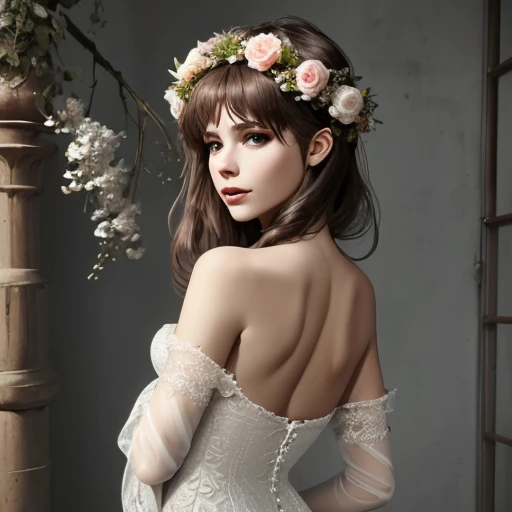 The best beauty.Wear a garland on your head,bare back. dress with lace.,<lora:佳人-000010:1>,absurdres,