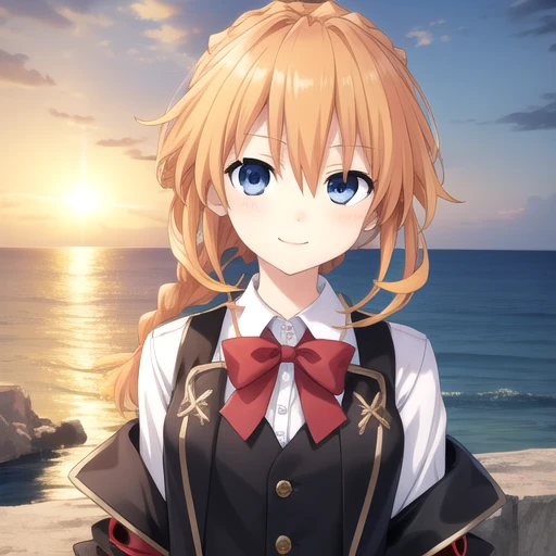 ((masterpiece)),(best quality),official art,extremely detailed CG,unity 8k wallpaper,ultra detailed,A lighthouse on a cliff by the sea,1girl,solo,upper body,(portrait:1.2),looking at viewer,yamai kaguya,orange hair,smile,blue eyes,braid,sidelocks,very long hair,hair between eyes,hair ornament,eyebrows visible through hair,braid drill,black shorts,white shirt,Long sleeve shirt,drill hair,harness waistcoat,black waistcoat,cuffs,red bow,black shorts,red belt,white socks,loafers,<lora:Yamai Kaguya(dal)>,<lora:TSNeptunia-000045:0.5>,