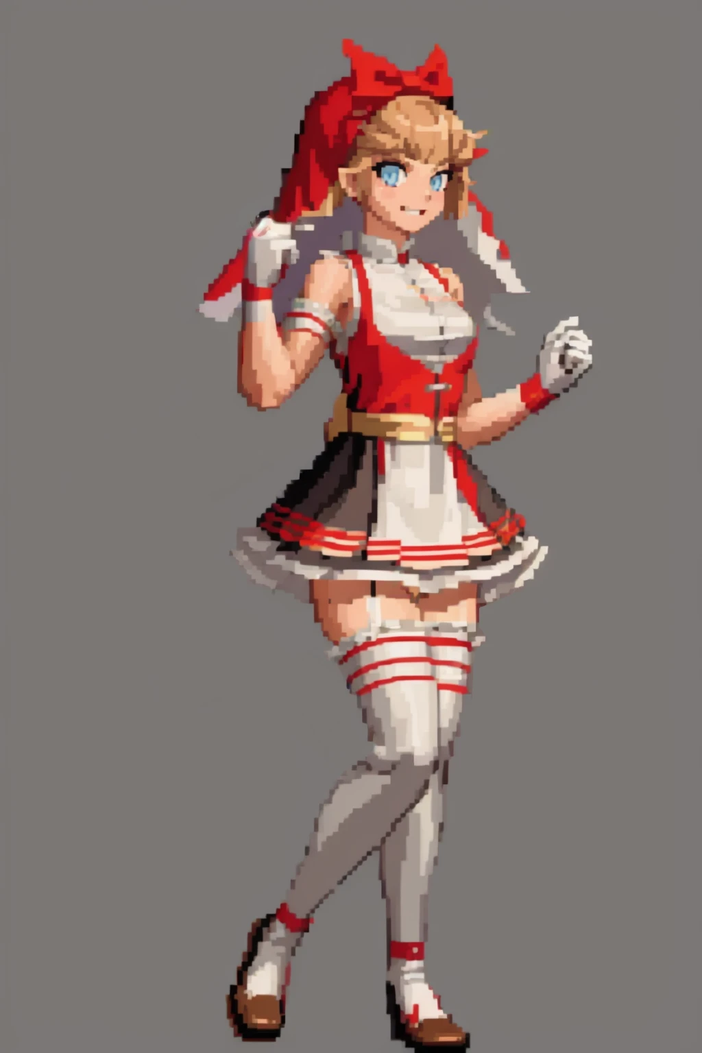 masterpiece, best quality, solo, 1girl, smile, looking at viewer, <lora:SNK-Kof_sprites_Fp:0.8>, simple background, full body, standing, <lora:Idun:1>, red dress, veil, bow, thighhighs, white gloves,