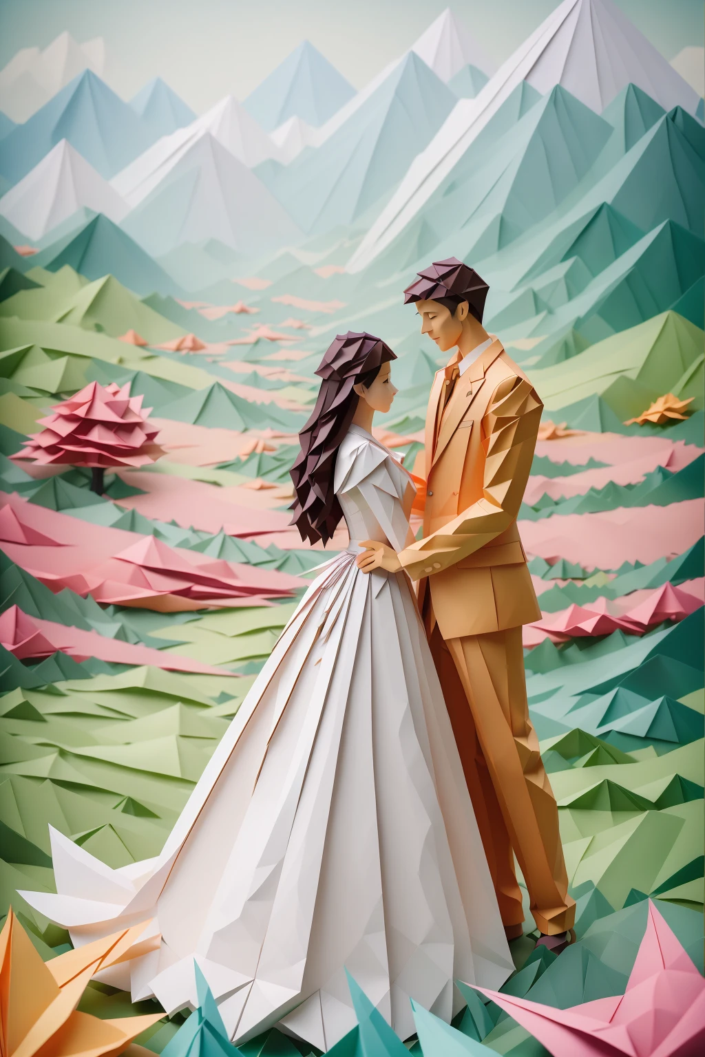 ((best quality)), absurdres, ((ultra high res)), origami, a couple is standing in a field made with paper, extremely detailed, realistic, 8k, masterpiece, <lora:origami:0.8>