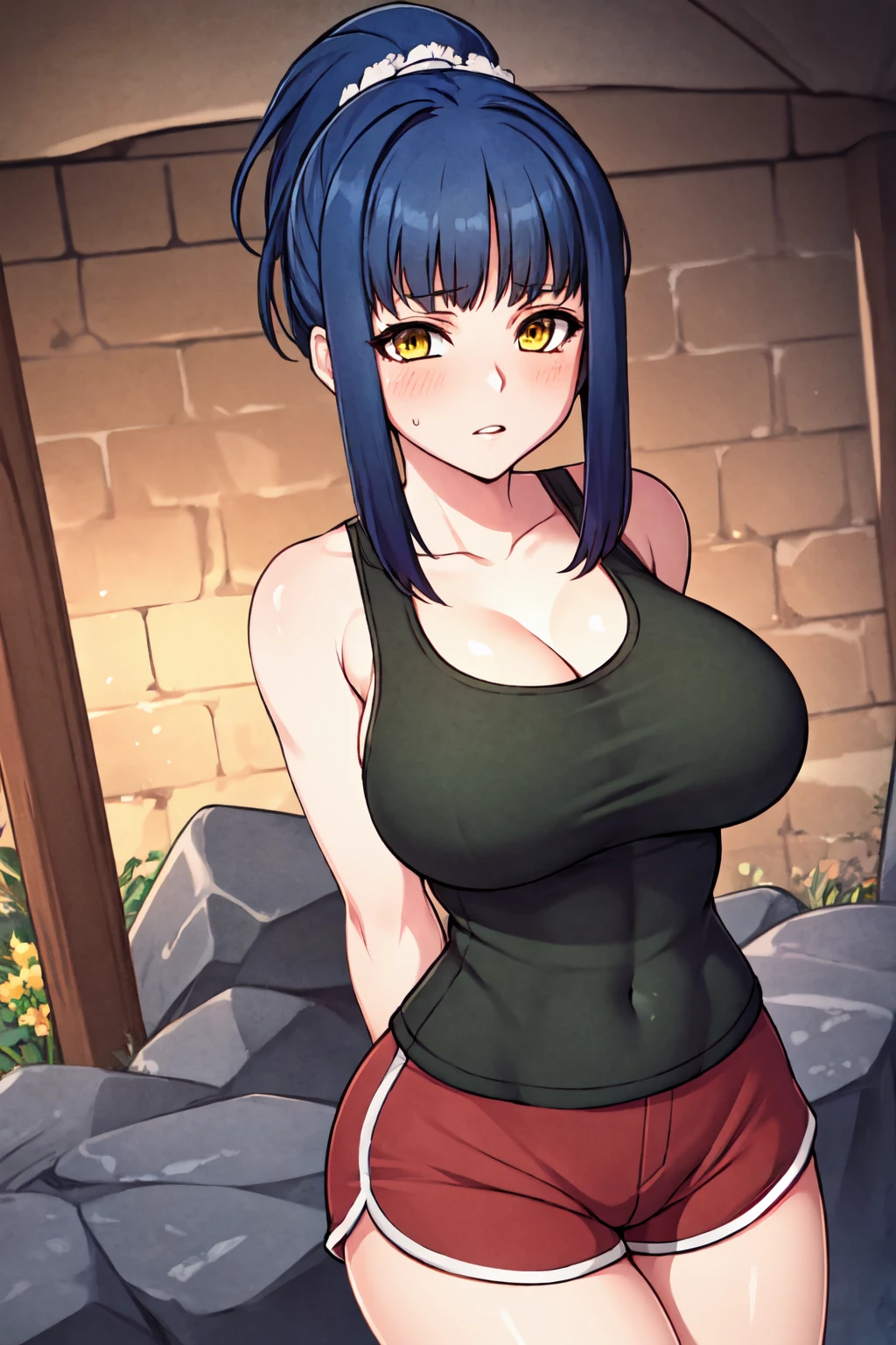 masterpiece, best quality, underground, stone walls, cave,  huge breasts,dolphin shorts, tank top, chloeironside, 1girl, breasts, looking at viewer, blush ,bangs ,,yellow eyes , blue hair, ponytail, arms behind back, <lora:chloeironside2-000002:0.75>    <lora:[GP]hz style:0.35> <lora:dolphin_shorts_v0.1:0.75>