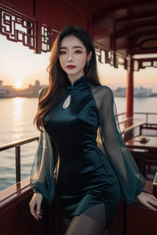 ltra-detailed,highly detailed,best quality,masterpiece,illustration,realistic,photorealistic,
whqp, qipao, solo, 1girl,
green dress,green sleeves, crossdressing,
chinese clothes, china dress, see-through sleeves, long sleeves, cleavage cutout, pantyhose, round eyewear, side slit,
long hair, bangs,
looking at viewer,cowboy shot,
outdoors, sea,cruise ship, ship deck, skyline, sunlight, sunrise,
<lora:whqp qipao_v1_03:0.7>