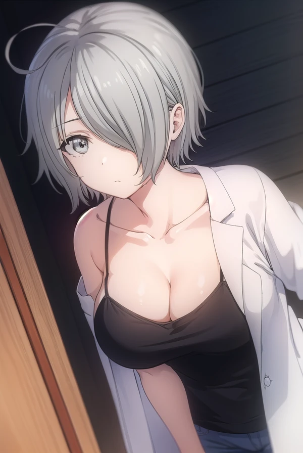 chizurutachibana, <lora:chizuru tachibana s1-lora-nochekaiser:1>,
chizuru tachibana, short hair, ahoge, grey hair, (hair over one eye:1.5), (grey eyes:1.5),
BREAK lab coat, (white lab coat:1.5), camisole, (black camisole:1.5), collarbone, cleavage, shorts,
BREAK indoors, classroom,
BREAK looking at viewer, (cowboy shot:1.5),
BREAK <lyco:GoodHands-beta2:1>, (masterpiece:1.2), best quality, high resolution, unity 8k wallpaper, (illustration:0.8), (beautiful detailed eyes:1.6), extremely detailed face, perfect lighting, extremely detailed CG, (perfect hands, perfect anatomy),