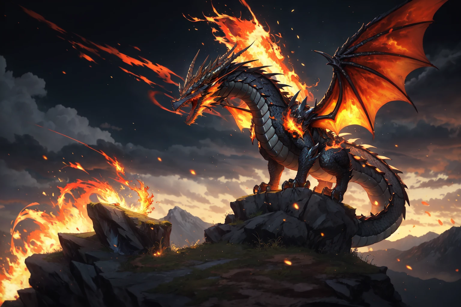 <lora:Dragons:0.5> Western Fantasy Dragon, breathing fire, flames, fire, wind, No humans, edr, black scales, glistening scales, perched on a hilltop,