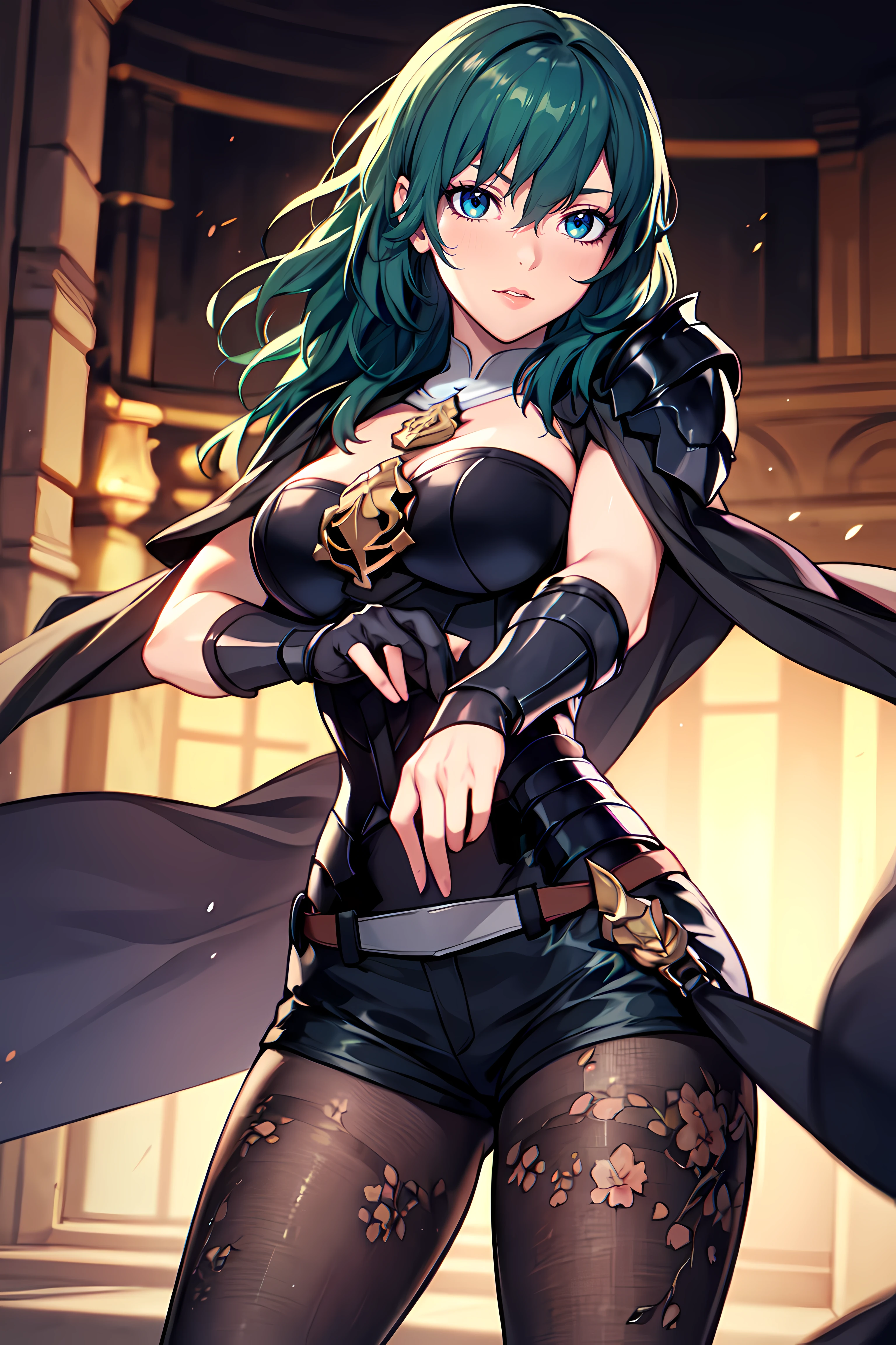 masterpiece,best quality, unreal engine, ultra res, extremely detailed,
1girl, large breasts,  waist , (muscular:0.4) ,slender,
<lora:Character_ort_byleth_fe3h_v0.8:0.7>
byleth, 
deep green hair, amethyst eyes,
armor, shorts, gauntlet, cape, pantyhose, floral print,
high heeled boots,
watching at viewer,
fealess face, fighting stance,
<lora:Style_hews_style:0.4>hews style <lora:Style_cutesexyrobutts_v2:0.>CSR STYLE
<lora:Style_puuzaki-puuna-lora-v1:0.><lora:Style_anmnr01AOM3A1:0.>
<lora:Concept_Round_Breasts_V7:0.2>ROUND BREASTS, medium  BREASTS