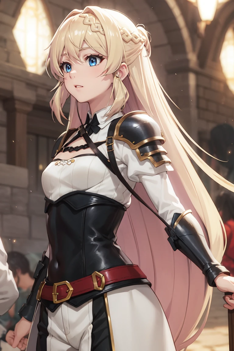 masterpiece, best quality, ultra-detailed, glistening shiny, glowing light, ray tracing, HDR, deph of field, (perfect face, detailed face), <lora:AizawaAzusa:0.7>, aizawaazusa, very long hair, braid, small breasts, armor, pants, cowboy shot