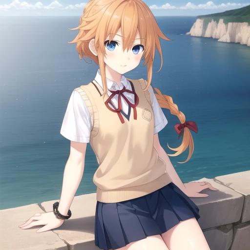 ((masterpiece)),(best quality),official art,extremely detailed CG,unity 8k wallpaper,ultra detailed,A lighthouse on a cliff by the sea,1girl,solo,cowboy shot,looking at viewer,yamai yuzuru,bangs,orange hair,blue skirt,braid,braid drill,sidelocks,eyebrows visible through hair,hair between eyes,hair ornament,very long hair,miniskirt,neck ribbon,pleated skirt,red ribbon,sweater vest,beige sweater,short sleeves,white shirt,white socks,loafers,<lora:Yamai Yuzuru(dal)>,<lora:TSNeptunia-000045:0.5>,