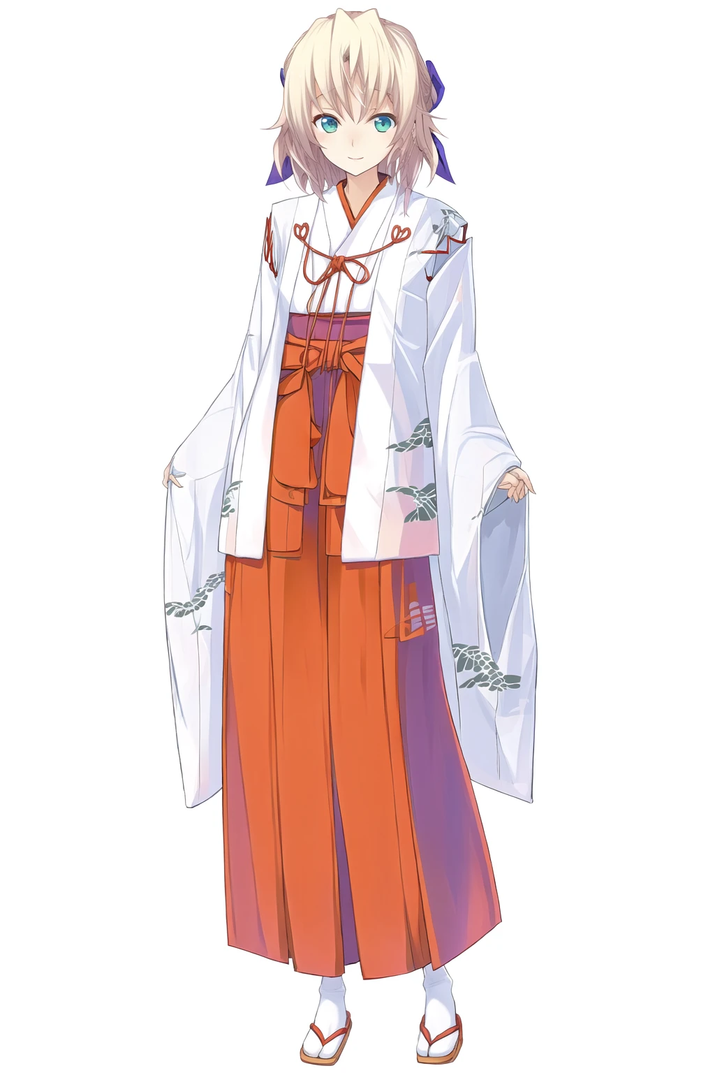 <lora:KagamigawaNoelleV1:1>kagamigawa noelle, kagamigawa noelle\(miko outfit\), kagamigawa noelle\(hair bow\), purple hair bow, 1girl, solo, full body, tachi-e, smile, standing, simple background, facing viewer, arms at sides