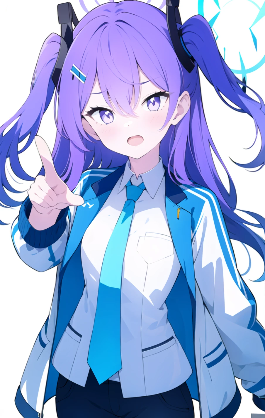 hand_on_hip, 1girl, long_hair, jacket, white_background, open_mouth, bangs, shirt, solo, two_side_up, pointing_at_viewer, simple_background, necktie, pointing, blush, looking_at_viewer, long_sleeves, eyebrows_visible_through_hair, collared_shirt, purple_hair, purple_eyes, white_jacket, index_finger_raised, very_long_hair, blue_necktie, outstretched_arm, upper_body, white_shirt, small_breasts, hair_between_eyes, black_shirt, open_jacket, hair_ornament, breasts, v-shaped_eyebrows, vest <lora:style_JYTx24:1>