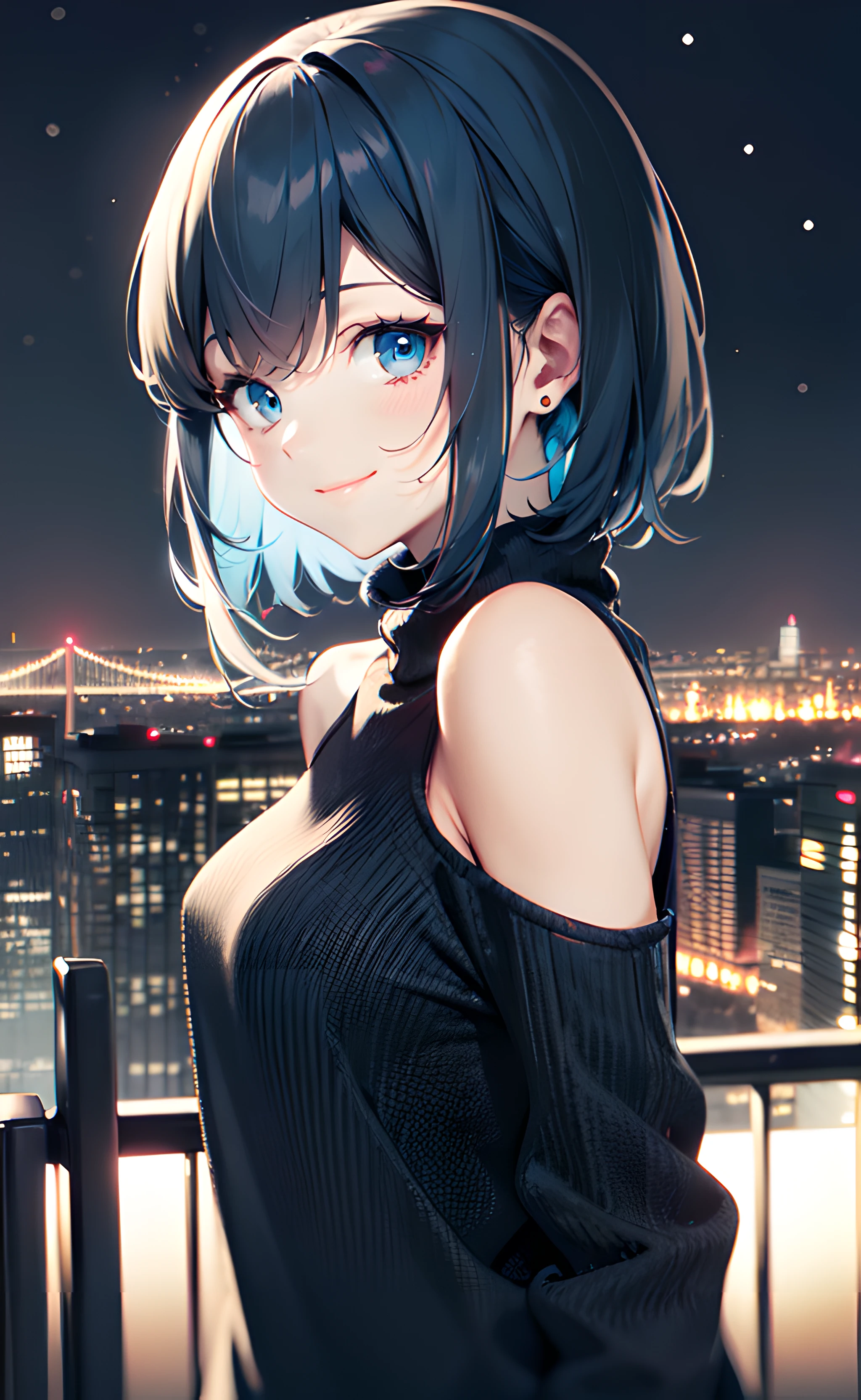 1girl, upper body, standing, from side, short hair, blue hair, blue eyes, black sweater, long sleeves, shoulder cutout, bare shoulders, closed mouth, smile, outdoors, city, cityscape, night, night sky