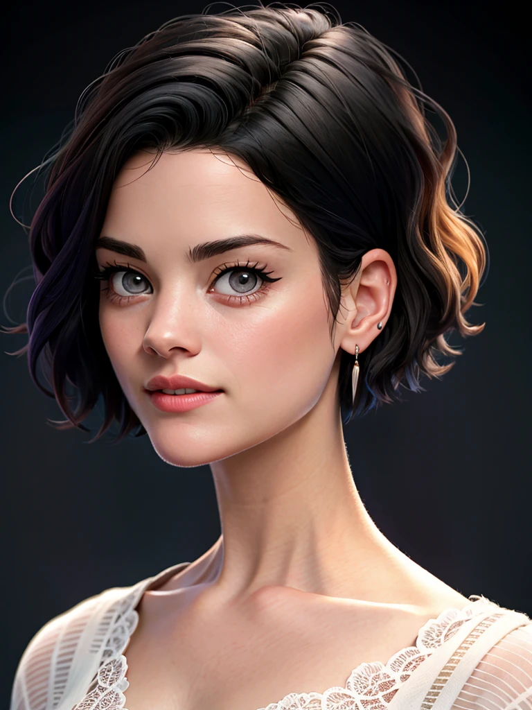 Realistic photo of a beautiful j41m134 woman,1girl,solo,looking at viewer,short hair,black hair,jewelry,earrings,teeth,bracelet,lips,grey eyes,tattoo,messy hair,portrait,realistic,nose,soft lighting, professional Photography, Photorealistic, detailed, RAW, analog, sharp focus, 8k, HD, high quality, masterpiece<lora:j41m134:1.0>