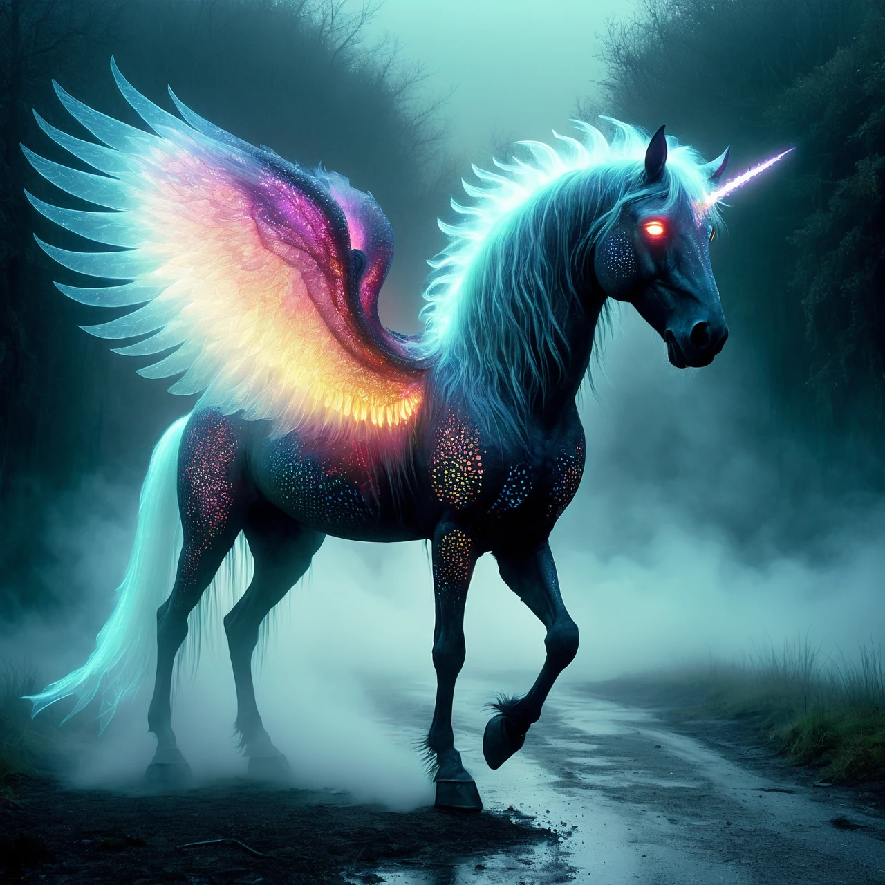 a magnificent mature pegasus walking in a postapocalyptic urban landscape, glowing ground fog, very detailed, intricate, dw01-3400, Georgian colour palette
