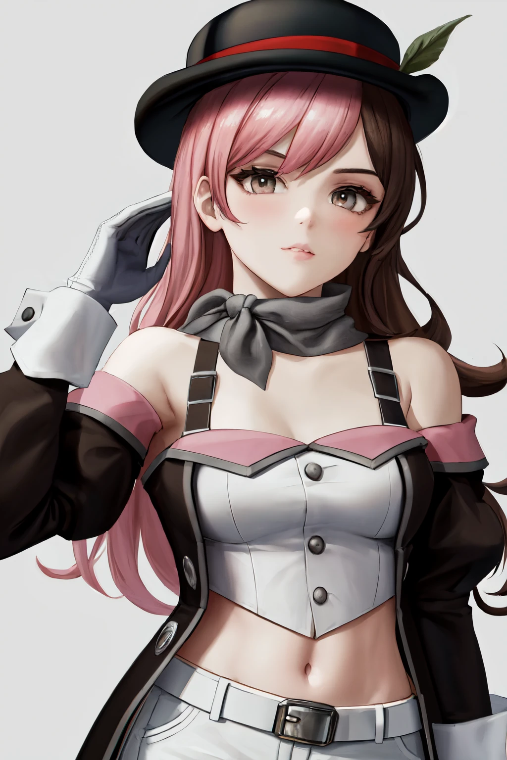 masterpiece, (detailed, highres, best quality), 1girl,  <lora:sprwbyNeopolitan-27:1> neopolitanatlas, bowler hat, grey scarf, white gloves, white shirt, off-shoulder shirt, black sleeves, midriff, white belt, white pants