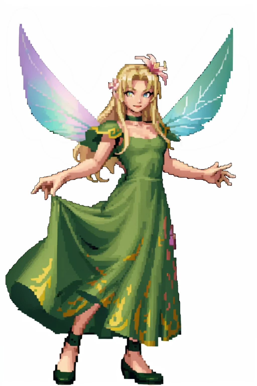 masterpiece, best quality, solo, 1girl, smile, looking at viewer, <lora:SNK-Kof_sprites_Fp:0.8>, simple background, full body, <lora:TitaniaNew:1> titaniasmt, green dress, fairy wings, choker, blonde hair, hair flower,