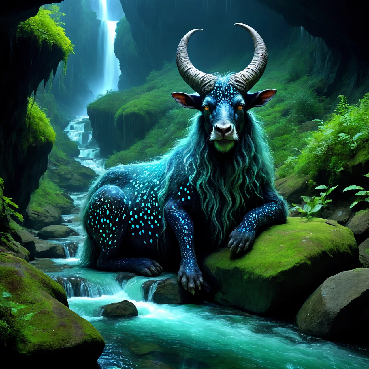 a magnificent mature satyr lying in a mountain river, illuminated jagged rocks, very detailed, intricate, dw01-3400, Georgian colour palette
